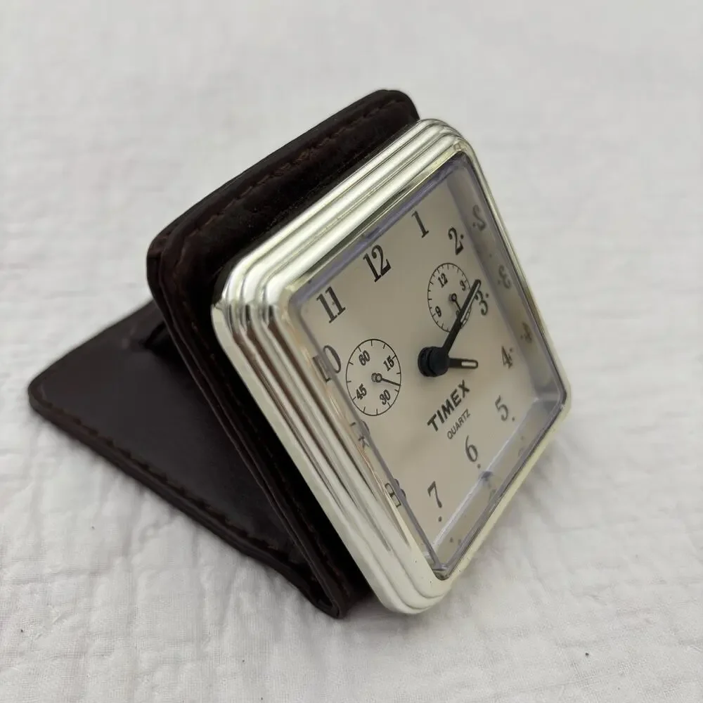 Vintage TIMEX Quartz Travel Alarm Clock, Brown Faux Leather Case